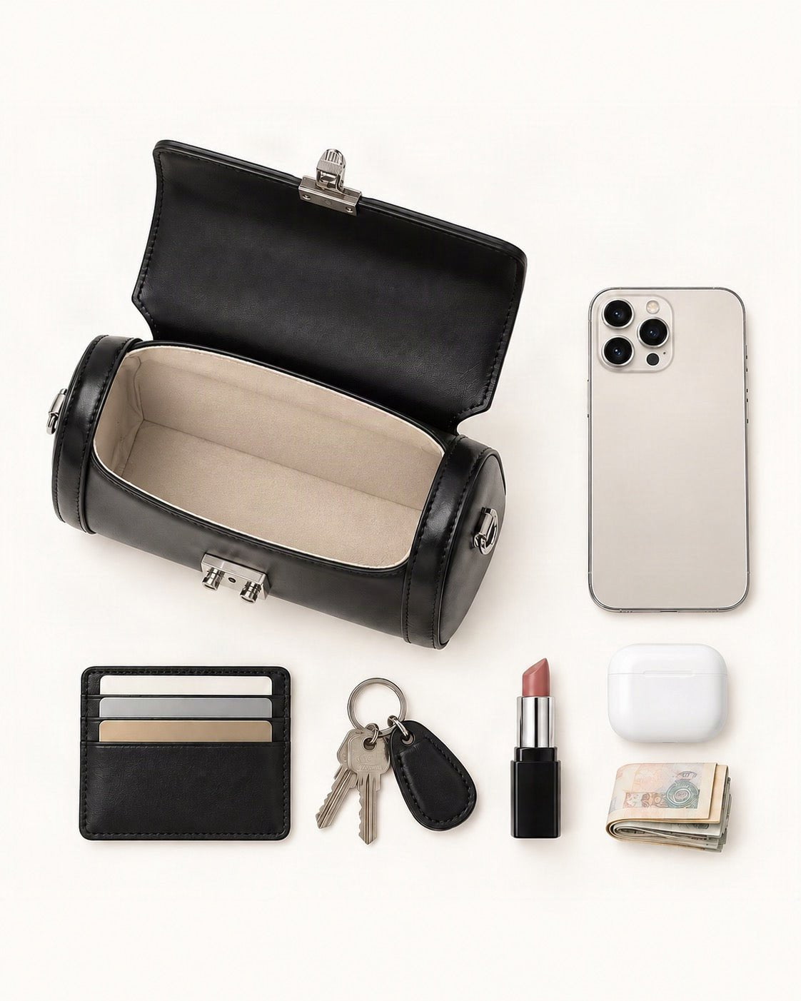 What fits in the Cowhide Leather Mini Box Crossbody Bag with Lock Clasp: smartphone up to 6.9 in, cards, keys, a lipstick, airpods in their case, a few banknotes folded over into a small stack, no complete flat bill face showing