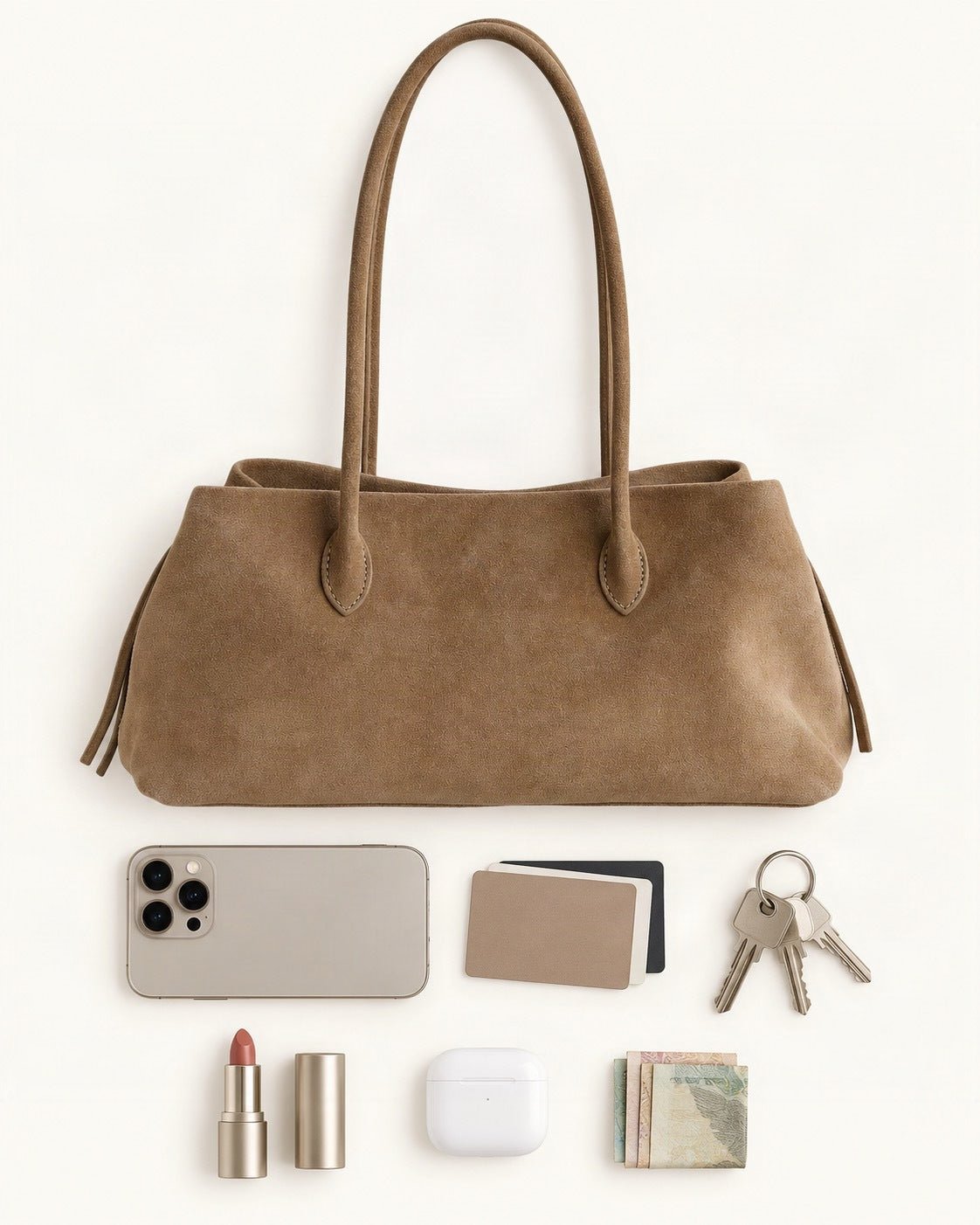 What fits in the Top-Grain Nubuck Cowhide Shoulder Tote: a 6.9-inch phone (iPhone 16 Pro Max), cards, keys, a lipstick, AirPods in their case, folded notes