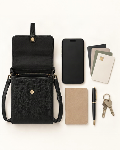 What fits in the Cowhide Leather Micro Crossbody Phone Bag: smartphone up to 6.9 in, several cards, a small notebook, a pen, keys or coins