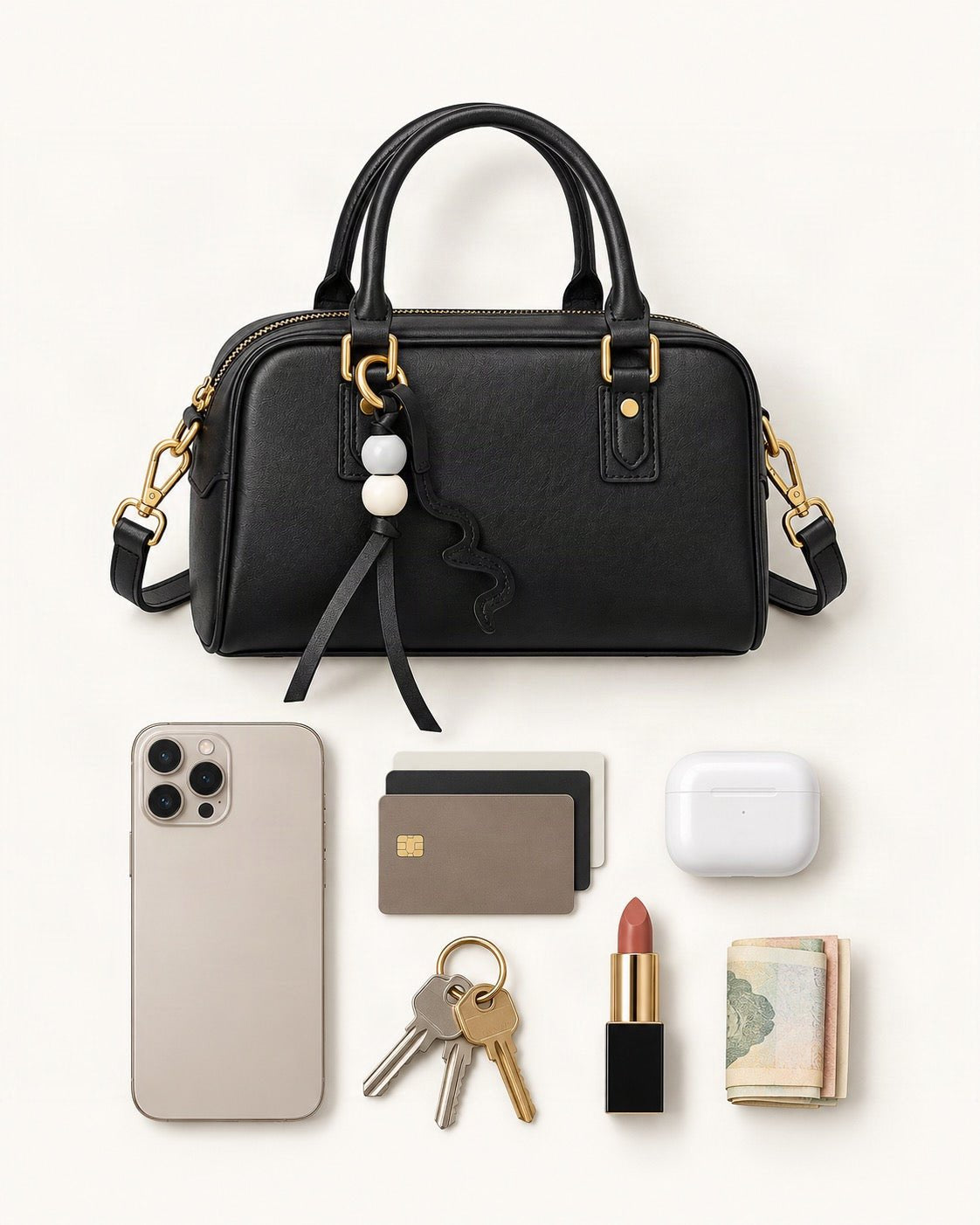 What fits in the Cowhide Leather Double-Handle Pillow Crossbody Bag: smartphone up to 6.9 in, cards, keys, a lipstick, airpods in their case, a few banknotes folded over into a small stack, no complete flat bill face showing