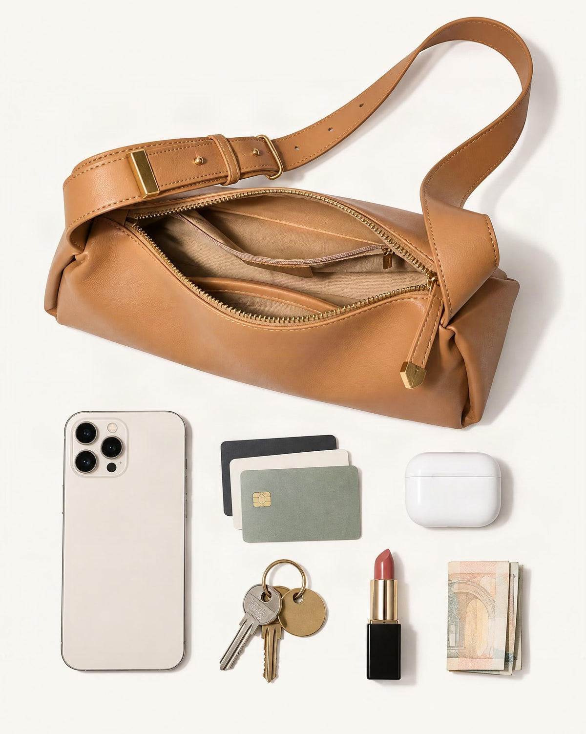 What fits in the Cowhide Soft Pillow Crossbody Bag with Adjustable Wide Strap: smartphone up to 6.9 in, cards, keys, a lipstick, airpods in their case, a few banknotes folded over into a small stack, no complete flat bill face showing