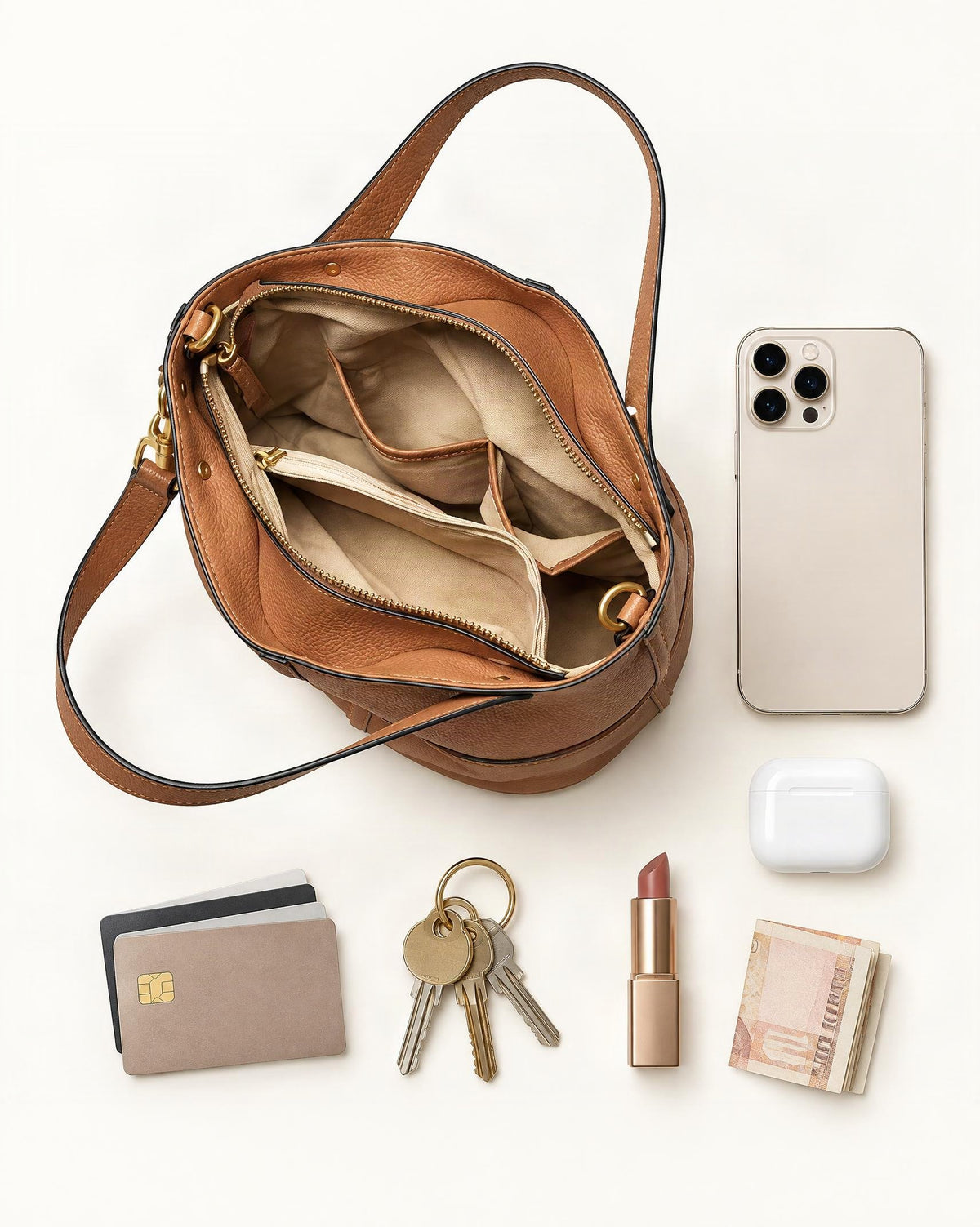 What fits in the Top-Grain Cowhide Bucket Bag with Detachable Crossbody Strap: smartphone up to 6.9 in, cards, keys, a lipstick, airpods in their case, a few banknotes folded over into a small stack, no complete flat bill face showing