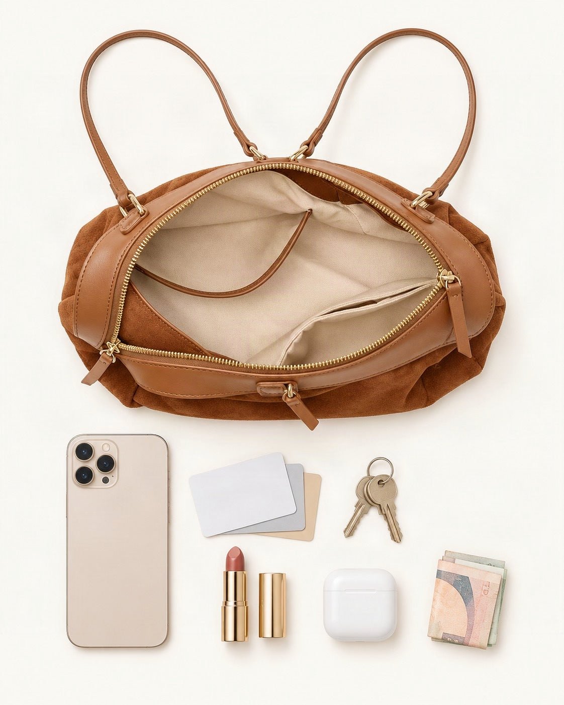 What fits in the Suede Cowhide Shoulder Bag – Color Options: a 6.9-inch phone (iPhone 16 Pro Max), cards, keys, a lipstick, AirPods in their case, folded notes