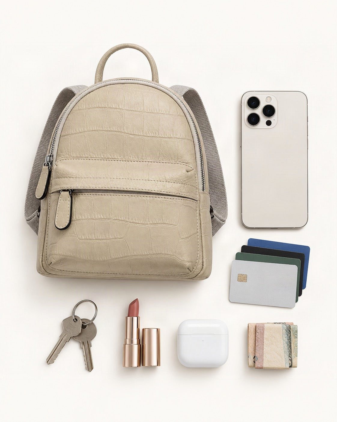 What fits in the Top-Grain Cowhide Small Backpack: smartphone up to 6.9 in, cards, keys, a lipstick, airpods in their case, a few banknotes folded over into a small stack, no complete flat bill face showing