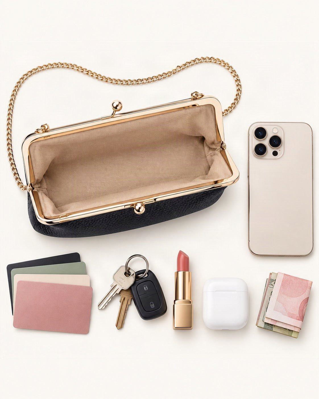 What fits in the Top-Grain Cowhide Frame Crossbody Bag: smartphone up to 6.9 in, cards, keys, a lipstick, airpods in their case, a few banknotes folded over into a small stack, no complete flat bill face showing