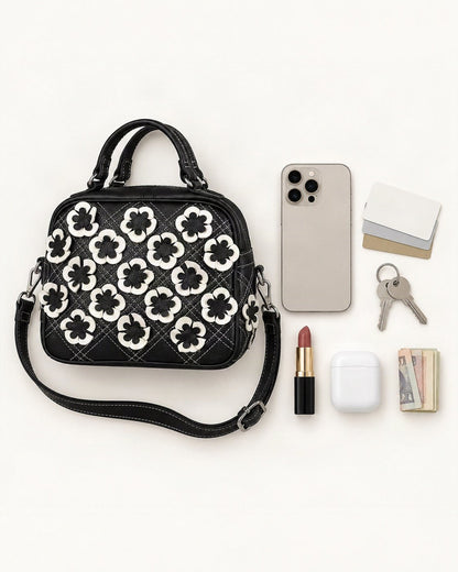 What fits in the Top-Grain Cowhide Shoulder Crossbody Bag: smartphone up to 6.9 in, cards, keys, a lipstick, airpods in their case, a few banknotes folded over into a small stack, no complete flat bill face showing
