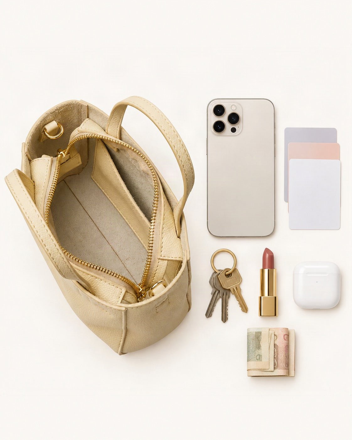 What fits in the Top-Grain Cowhide Mini Tote Bag – Color Options: smartphone up to 6.9 in, cards, keys, a lipstick, airpods in their case, a few banknotes folded over into a small stack, no complete flat bill face showing
