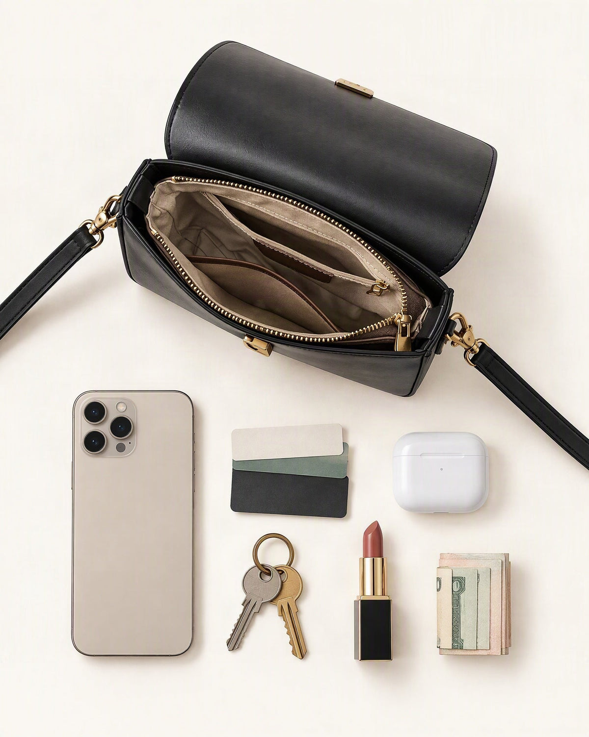 What fits in the Cowhide Leather Small Crossbody Bag with Turn-Lock Closure: smartphone up to 6.9 in, cards, keys, a lipstick, airpods in their case, a few banknotes folded over into a small stack, no complete flat bill face showing