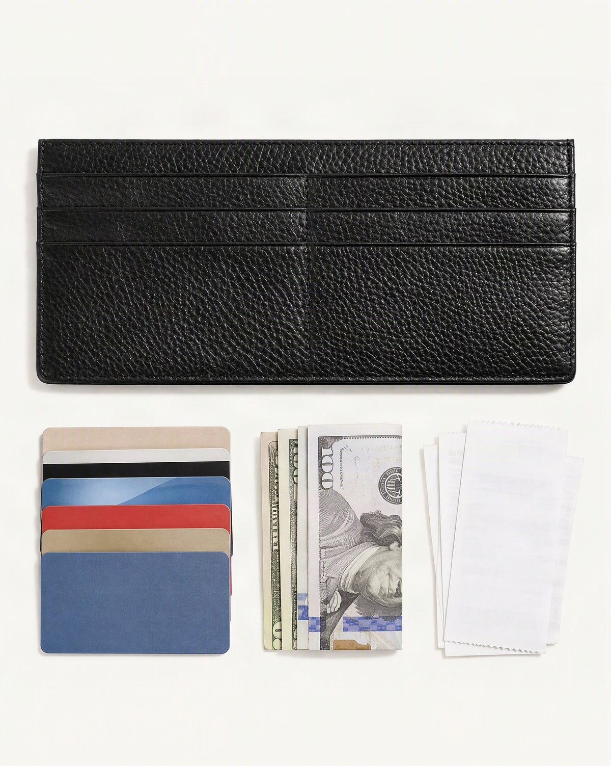 What fits in the Cowhide Leather Slim Long Wallet with 6 Card Slots: cards, flat bills, receipts