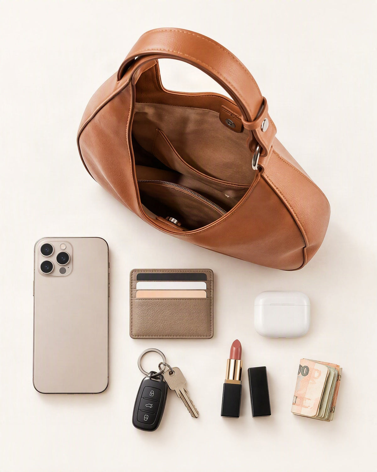 What fits in the Cowhide Leather Crescent Hobo Bag: smartphone up to 6.9 in, cards, keys, a lipstick, airpods in their case, a few banknotes folded over into a small stack, no complete flat bill face showing