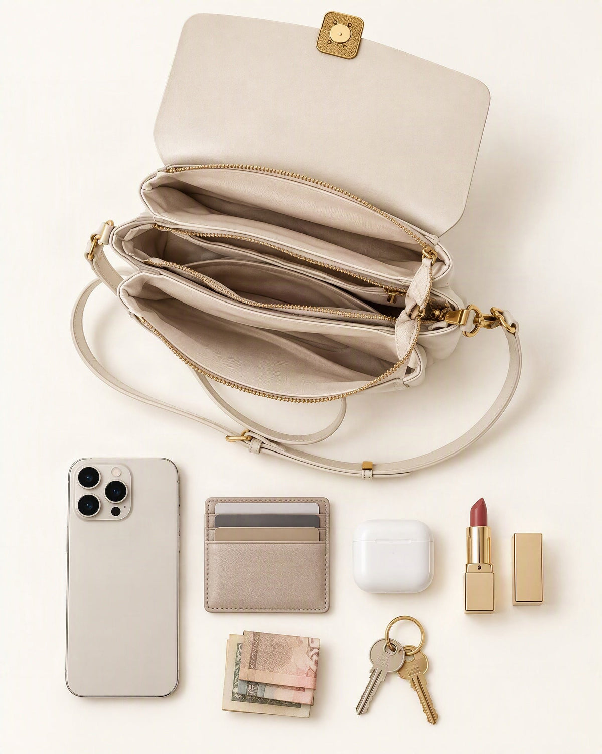 What fits in the Cowhide Leather Small Crossbody Bag with Adjustable Strap: smartphone up to 6.9 in, cards, keys, a lipstick, airpods in their case, a few banknotes folded over into a small stack, no complete flat bill face showing