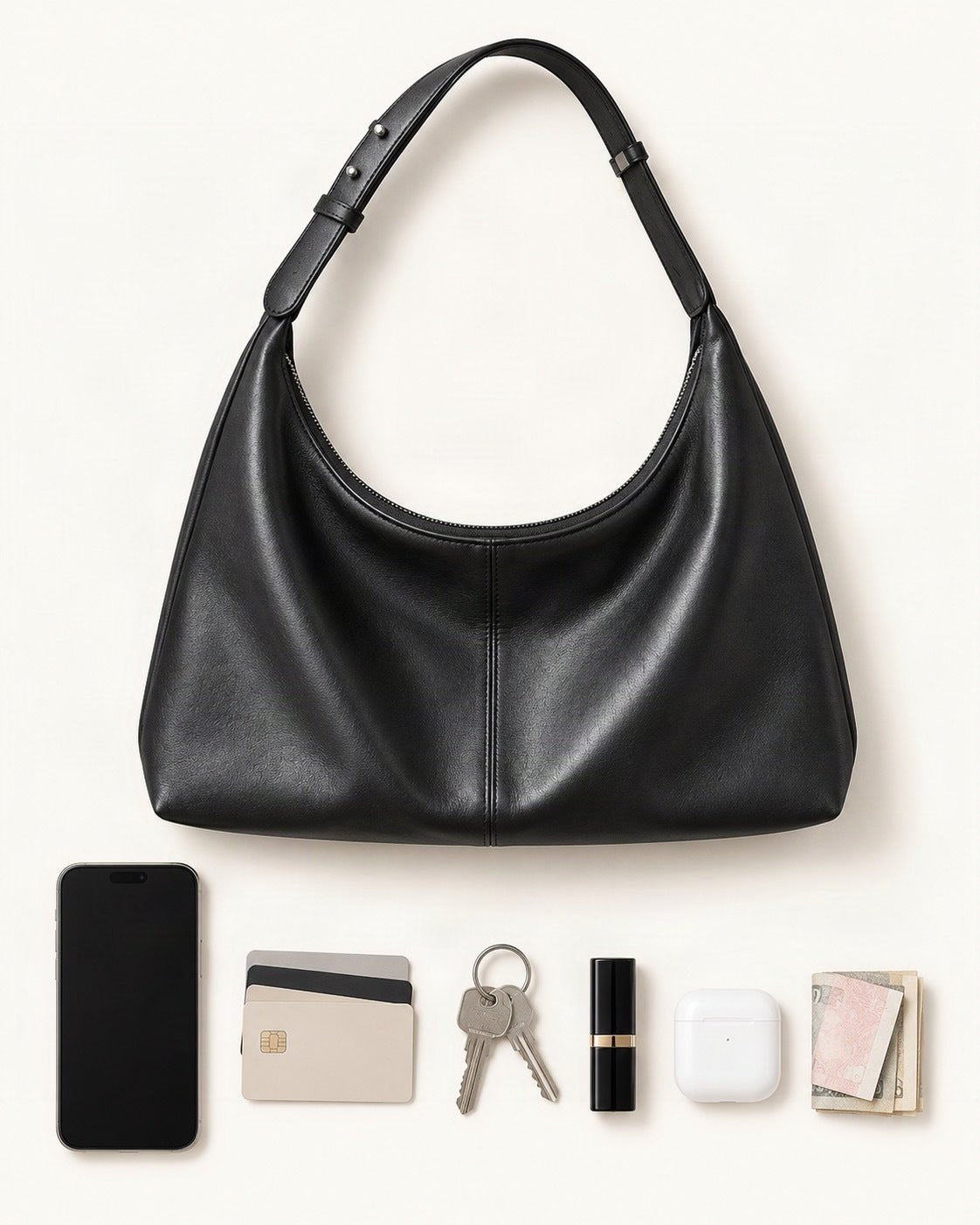 What fits in the Lambskin Small Hobo Tote Bag: a 6.9-inch phone (iPhone 16 Pro Max), cards, keys, a lipstick, AirPods in their case, folded notes