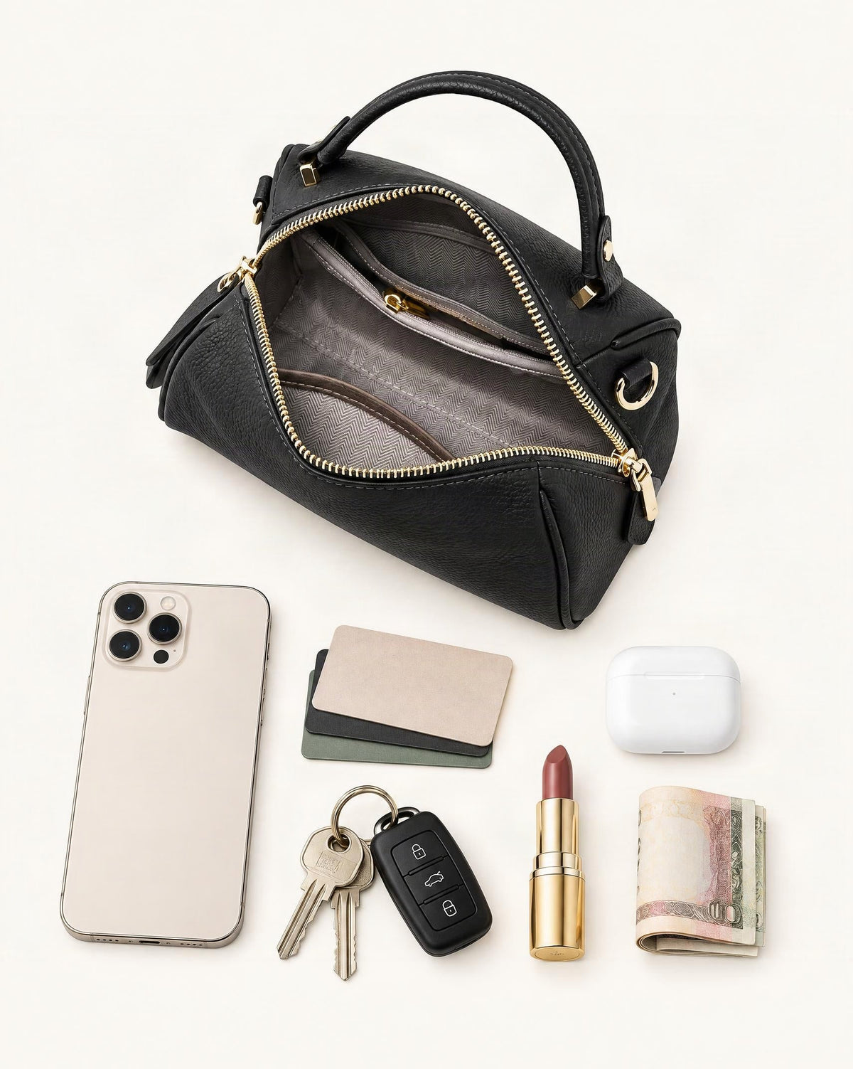 What fits in the Top-Grain Cowhide Small Boston Bag: smartphone up to 6.9 in, cards, keys, a lipstick, airpods in their case, a few banknotes folded over into a small stack, no complete flat bill face showing