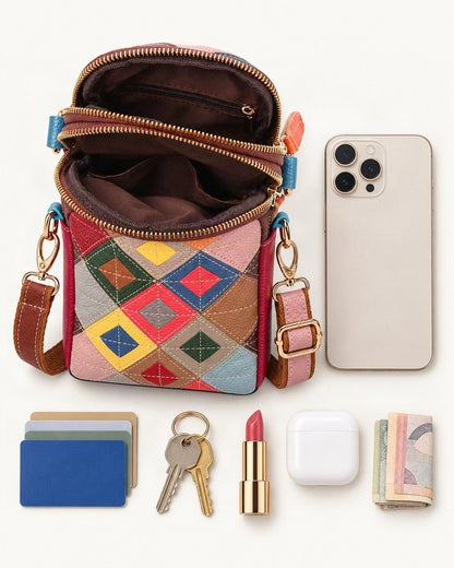 What fits in the Top-Grain Cowhide Mini Shoulder Bag: smartphone up to 6.9 in, cards, keys, a lipstick, airpods in their case, a few banknotes folded over into a small stack, no complete flat bill face showing