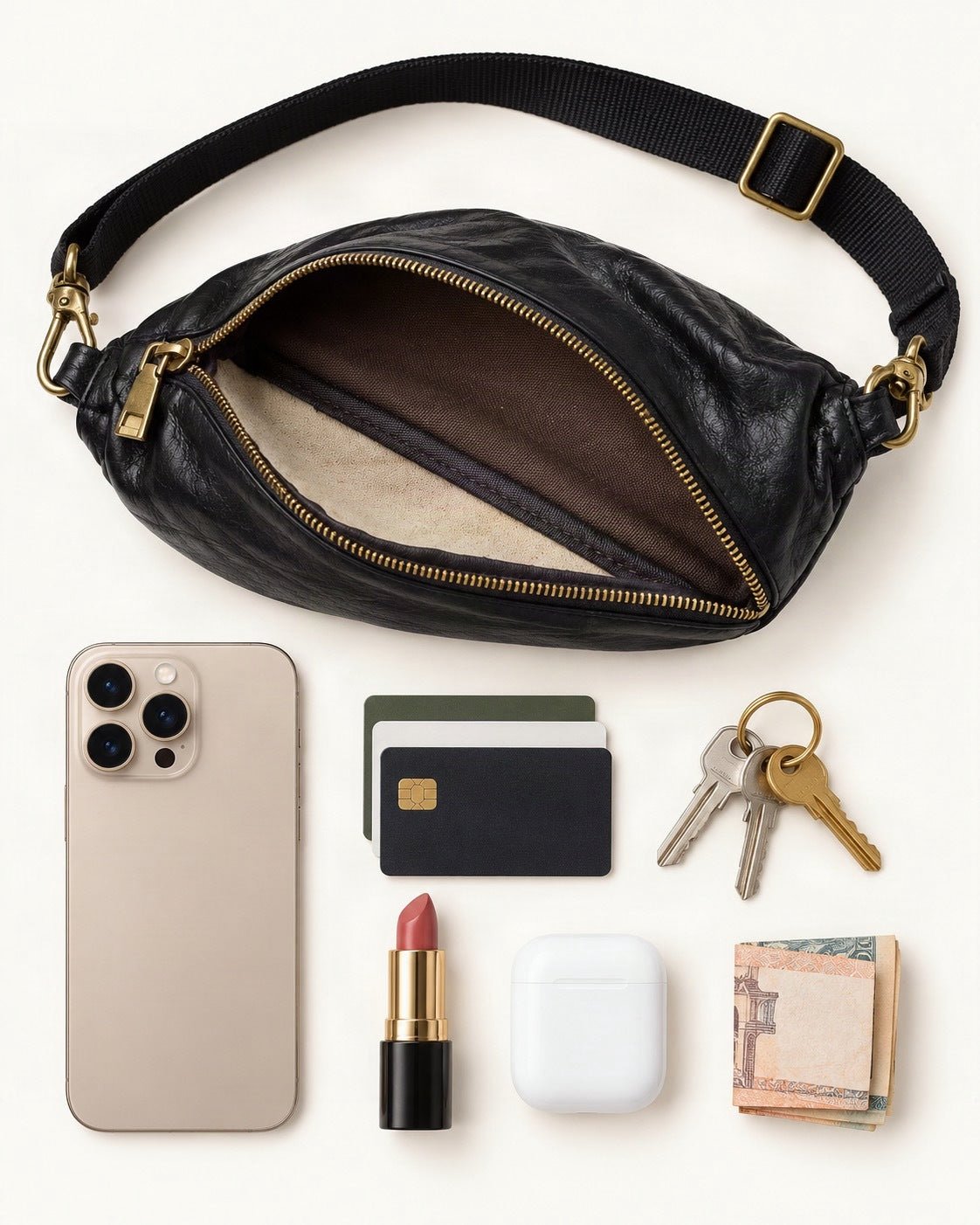 What fits in the Top-Grain Cowhide Leather Crossbody Sling Bag: a 6.9-inch phone (iPhone 16 Pro Max), cards, keys, a lipstick, AirPods in their case, folded notes