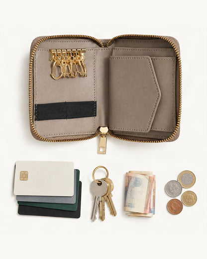 What fits in the RFID-Blocking Pebbled Cowhide Wallet & Key Holder: cards, keys, a few banknotes folded over into a small stack, no complete flat bill face showing, coins