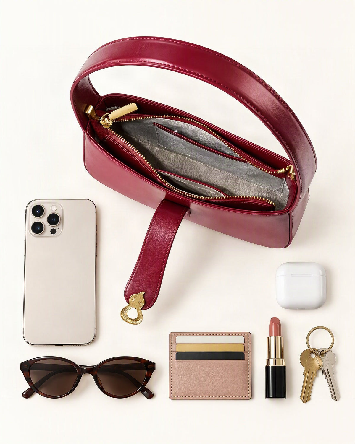 What fits in the Cowhide Leather Small Shoulder Bag with Gourd Lock Clasp: smartphone up to 6.9 in, sunglasses, cards, keys, a lipstick, airpods in their case