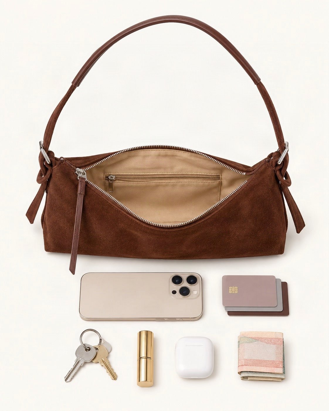 What fits in the Suede Cowhide Shoulder Bag: a 6.9-inch phone (iPhone 16 Pro Max), cards, keys, a lipstick, AirPods in their case, folded notes