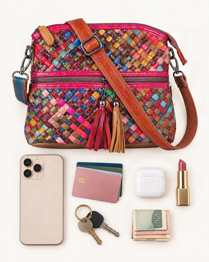 What fits in the Cowhide Small Plus Crossbody Bag: smartphone up to 6.9 in, cards, keys, a lipstick, airpods in their case, a few banknotes folded over into a small stack, no complete flat bill face showing