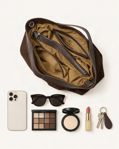 What fits in the Cowhide Nubuck Leather Crossbody Tote Bag: smartphone up to 6.9 in, sunglasses, an eyeshadow palette, a compact powder, a lipstick, keys