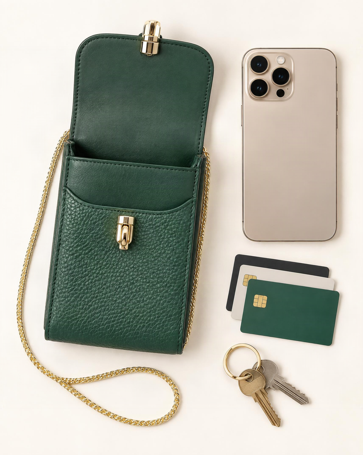 What fits in the Cowhide Vertical Phone Crossbody Bag: a 6.9-inch phone (iphone 16 pro max), cards, keys