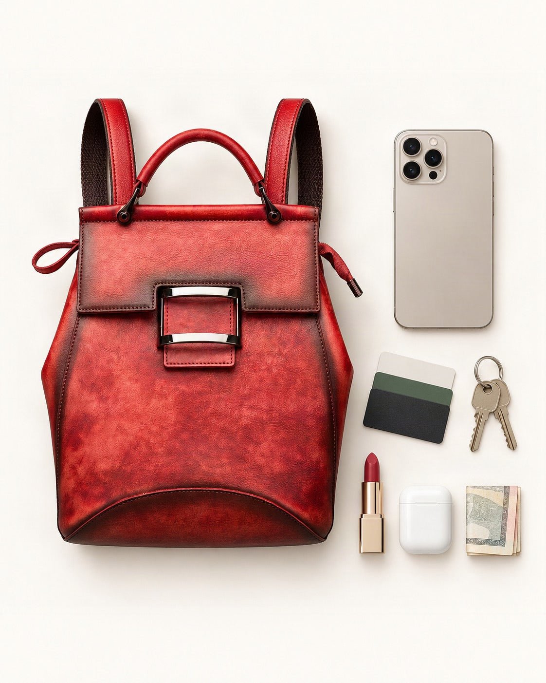 What fits in the Top-Grain Cowhide Convertible Backpack – Color Options: smartphone up to 6.9 in, cards, keys, a lipstick, airpods in their case, a few banknotes folded over into a small stack, no complete flat bill face showing
