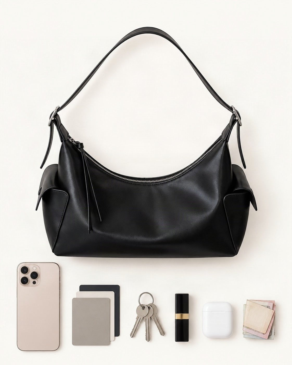 What fits in the Top-Grain Cowhide Small Plus Shoulder Bag: a 6.9-inch phone (iPhone 16 Pro Max), cards, keys, a lipstick, AirPods in their case, folded notes