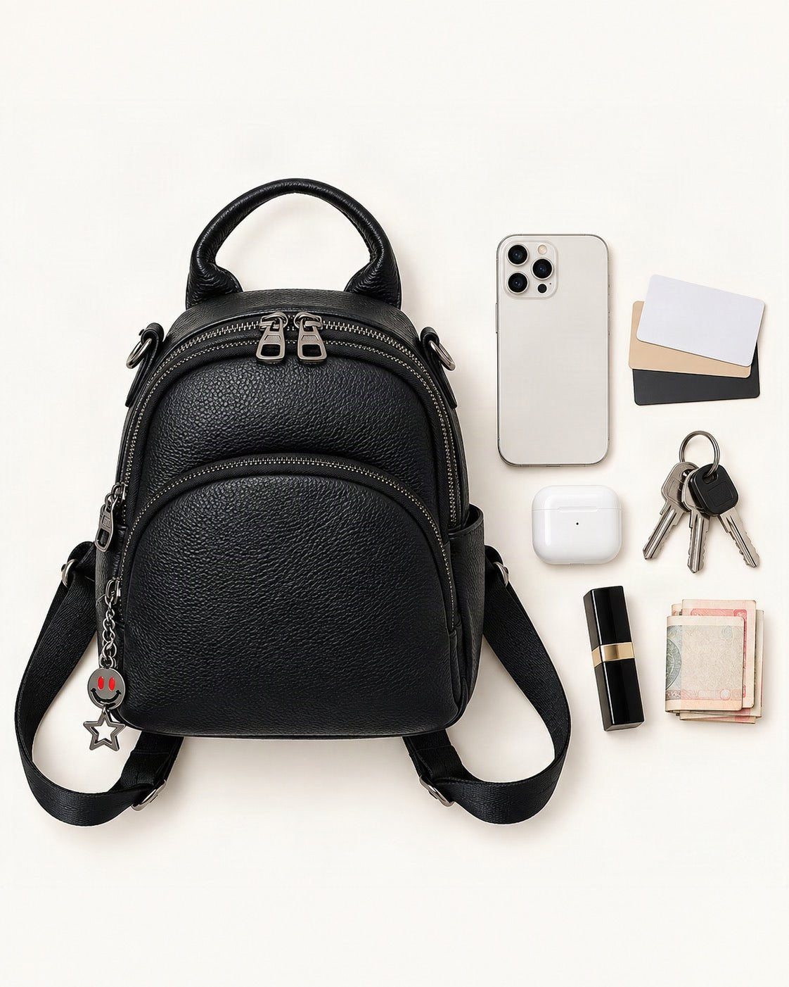 What fits in the Top-Grain Cowhide Convertible Backpack: smartphone up to 6.9 in, cards, keys, a lipstick, airpods in their case, a few banknotes folded over into a small stack, no complete flat bill face showing