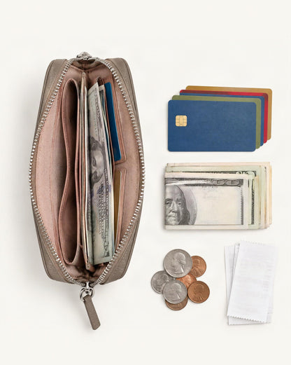 What fits in the RFID-Blocking Pebbled Cowhide Long Zip Clutch: cards, flat bills, coins, receipts