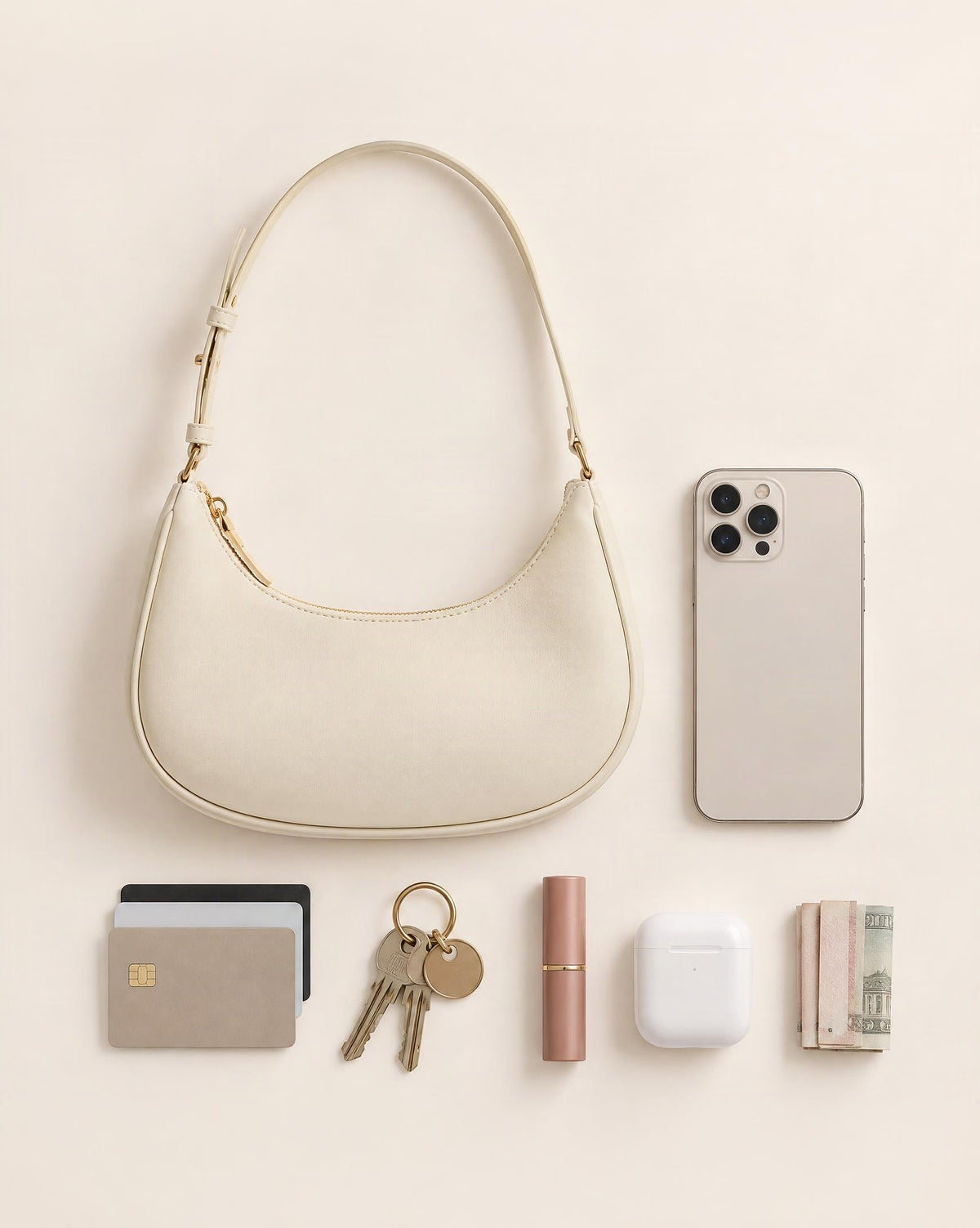 What fits in the Cowhide Leather Crescent Hobo Shoulder Bag: smartphone up to 6.9 in, cards, keys, a lipstick, airpods in their case, a few banknotes folded over into a small stack, no complete flat bill face showing