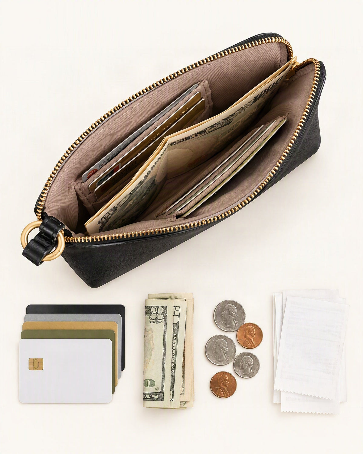 What fits in the Cowhide Leather Long Wallet with Wrist Strap: cards, flat bills, coins, receipts