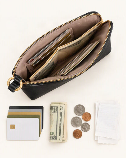 What fits in the Cowhide Leather Long Wallet with Wrist Strap: cards, flat bills, coins, receipts