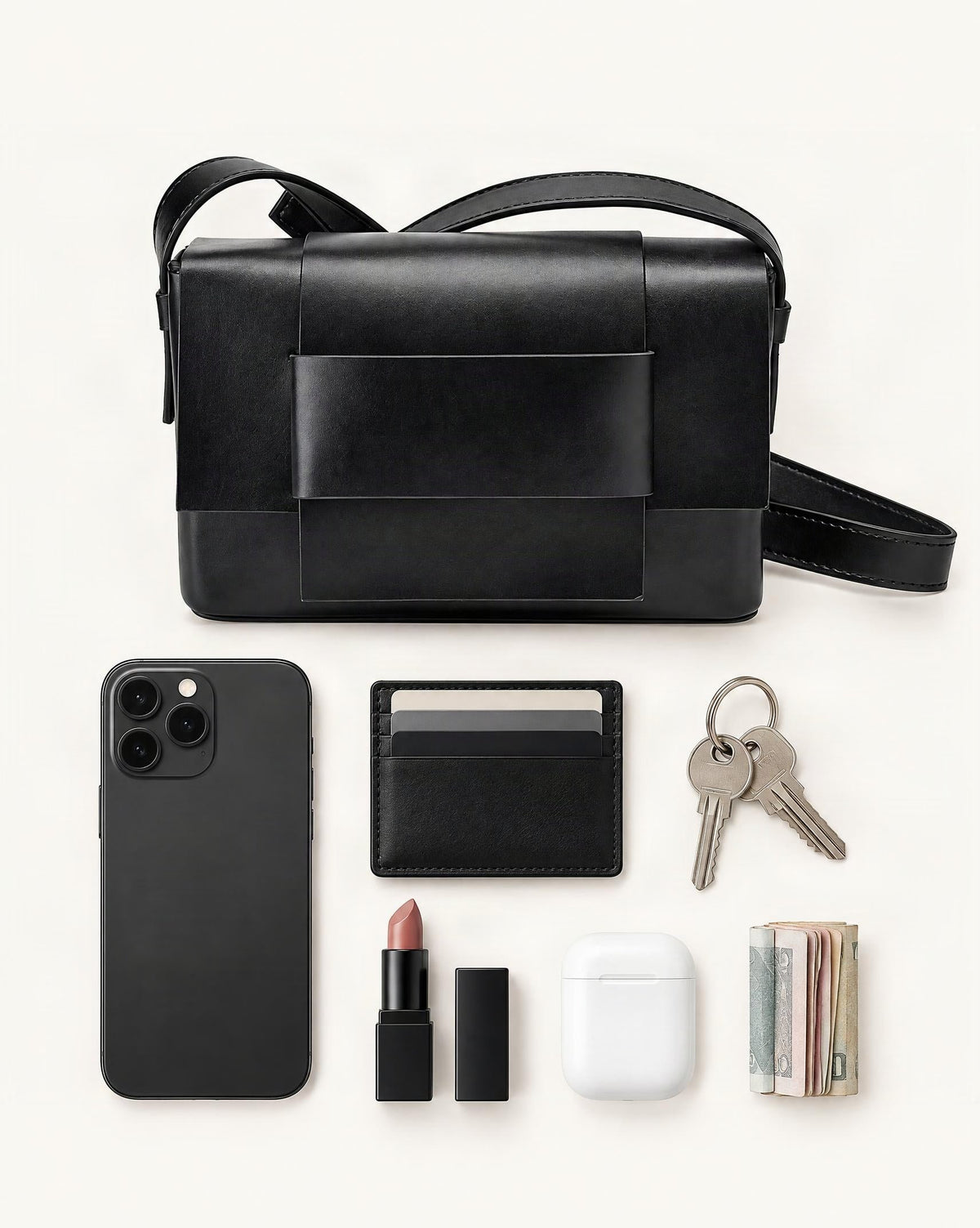What fits in the Cowhide Leather Mini Crossbody Bag with Bow Detail: smartphone up to 6.9 in, cards, keys, a lipstick, airpods in their case, a few banknotes folded over into a small stack, no complete flat bill face showing