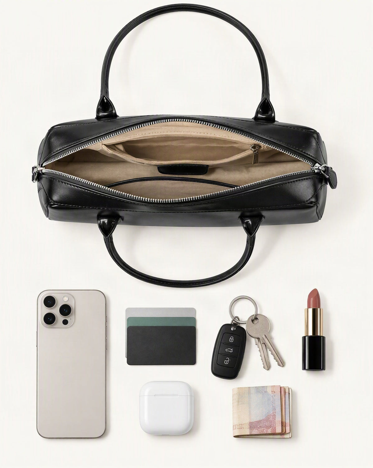 What fits in the Cowhide Leather Small Plus Shoulder Baguette Bag: smartphone up to 6.9 in, cards, keys, a lipstick, airpods in their case, a few banknotes folded over into a small stack, no complete flat bill face showing