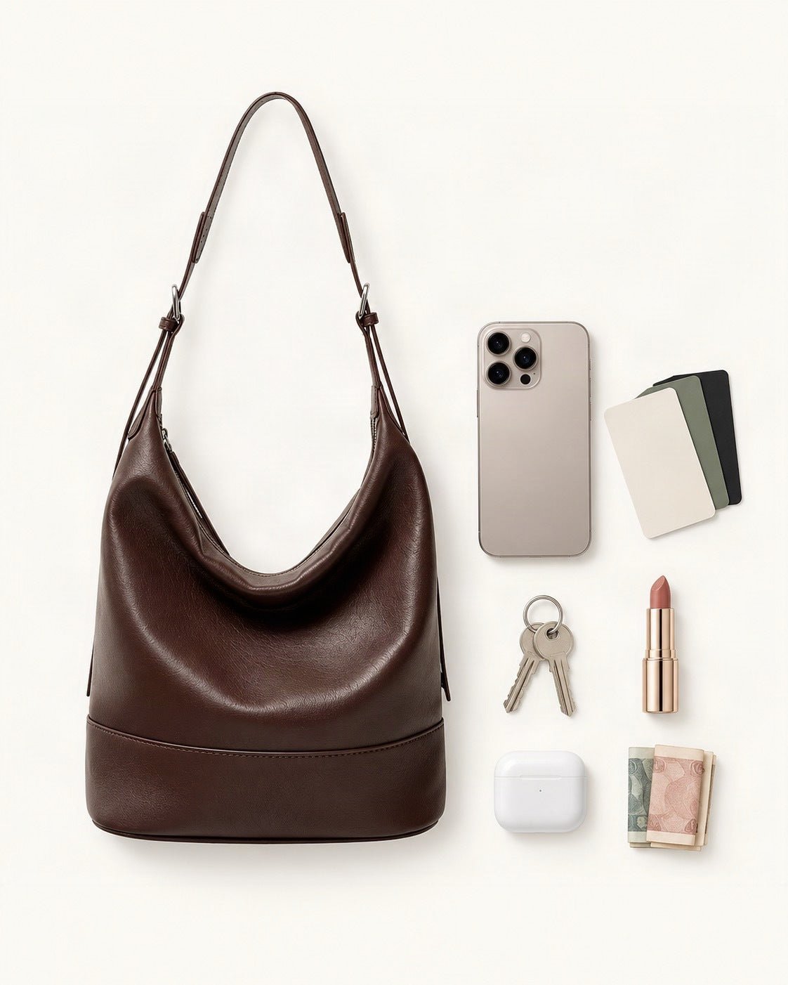 What fits in the Lambskin Small Shoulder Bucket Bag: a 6.9-inch phone (iPhone 16 Pro Max), cards, keys, a lipstick, AirPods in their case, folded notes