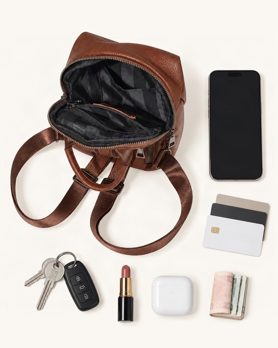 What fits in the Top-Grain Cowhide Mini Backpack: smartphone up to 6.9 in, cards, keys, a lipstick, airpods in their case, a few banknotes folded over into a small stack, no complete flat bill face showing