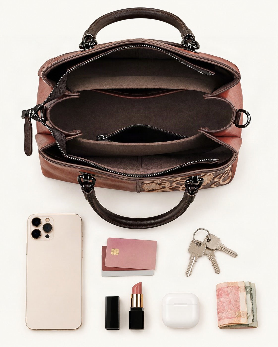 What fits in the Top-Grain Cowhide Small Plus Crossbody Bag: smartphone up to 6.9 in, cards, keys, a lipstick, airpods in their case, a few banknotes folded over into a small stack, no complete flat bill face showing