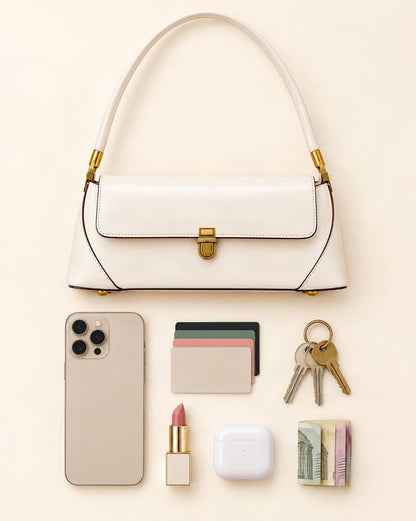 What fits in the Cowhide Leather Baguette Shoulder Bag: smartphone up to 6.9 in, cards, keys, a lipstick, airpods in their case, a few banknotes folded over into a small stack, no complete flat bill face showing