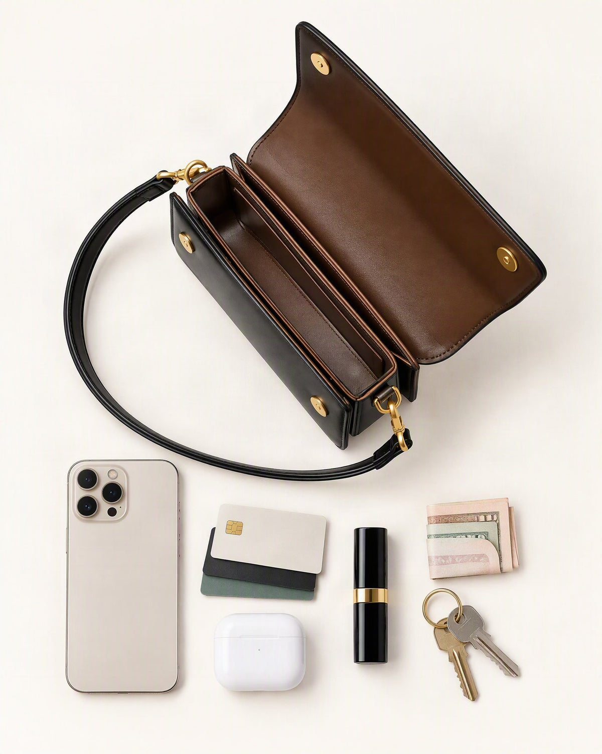 What fits in the Cowhide Leather Small Shoulder Bag with Flap Closure: smartphone up to 6.9 in, cards, keys, a lipstick, airpods in their case, a few banknotes folded over into a small stack, no complete flat bill face showing