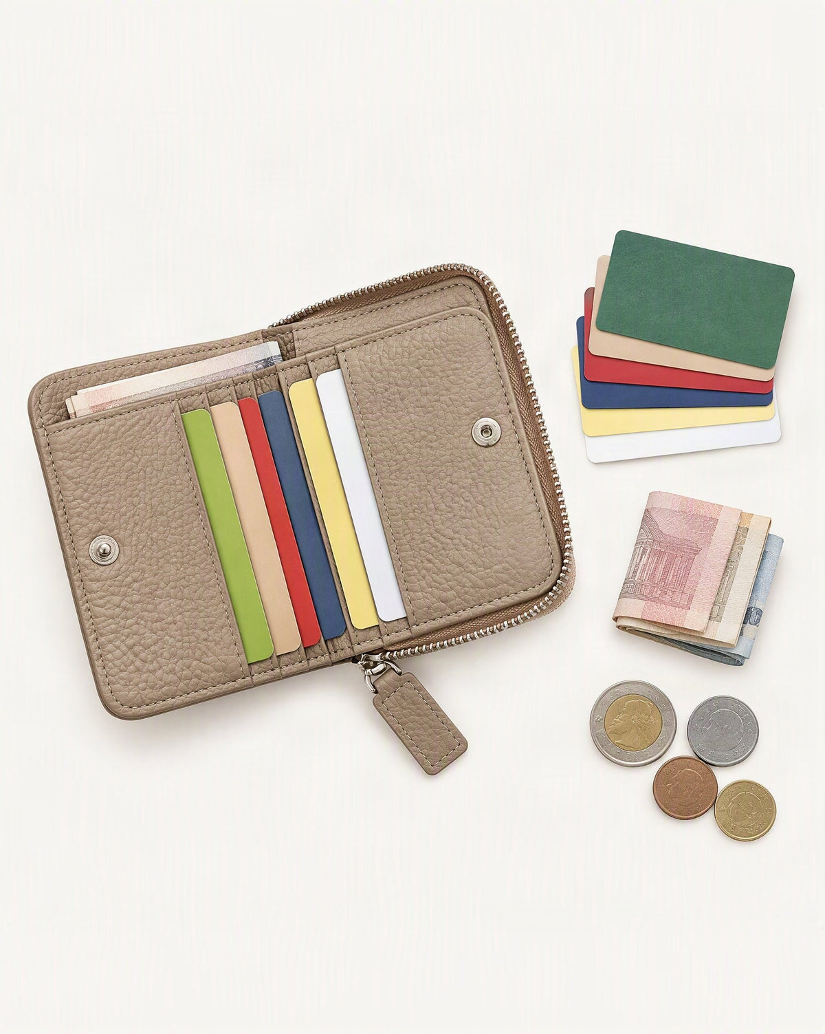 What fits in the Cowhide Leather Compact Bi-Fold Wallet: cards, a few banknotes folded over into a small stack, no complete flat bill face showing, coins