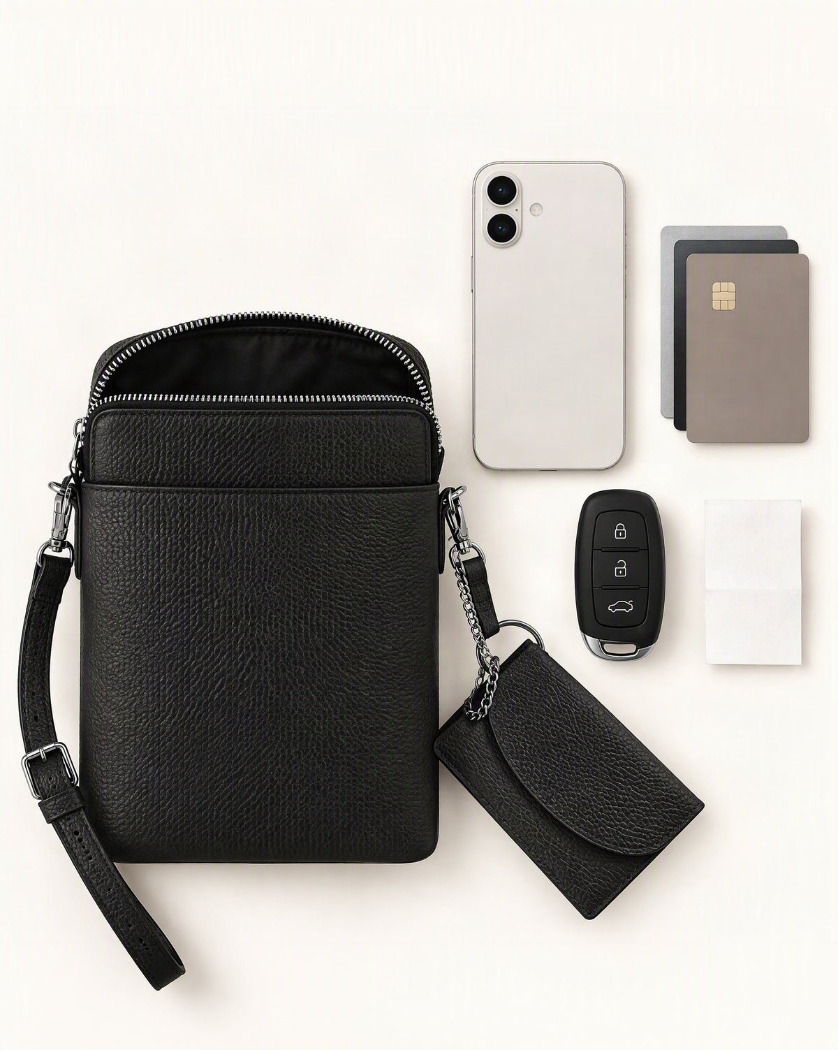 What fits in the Top-Grain Cowhide Leather Mini Crossbody Phone Bag: a 6.3-inch phone (iphone 16), cards, a car key fob, folded notes or a receipt
