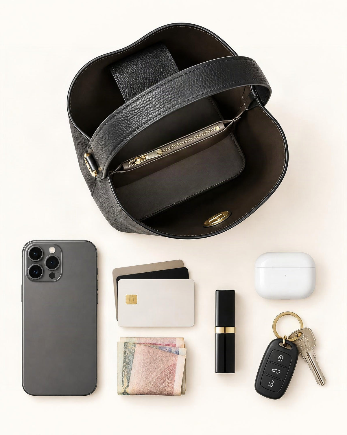 What fits in the Top-Grain Cowhide Small Bucket Bag: smartphone up to 6.9 in, cards, keys, a lipstick, airpods in their case, a few banknotes folded over into a small stack, no complete flat bill face showing