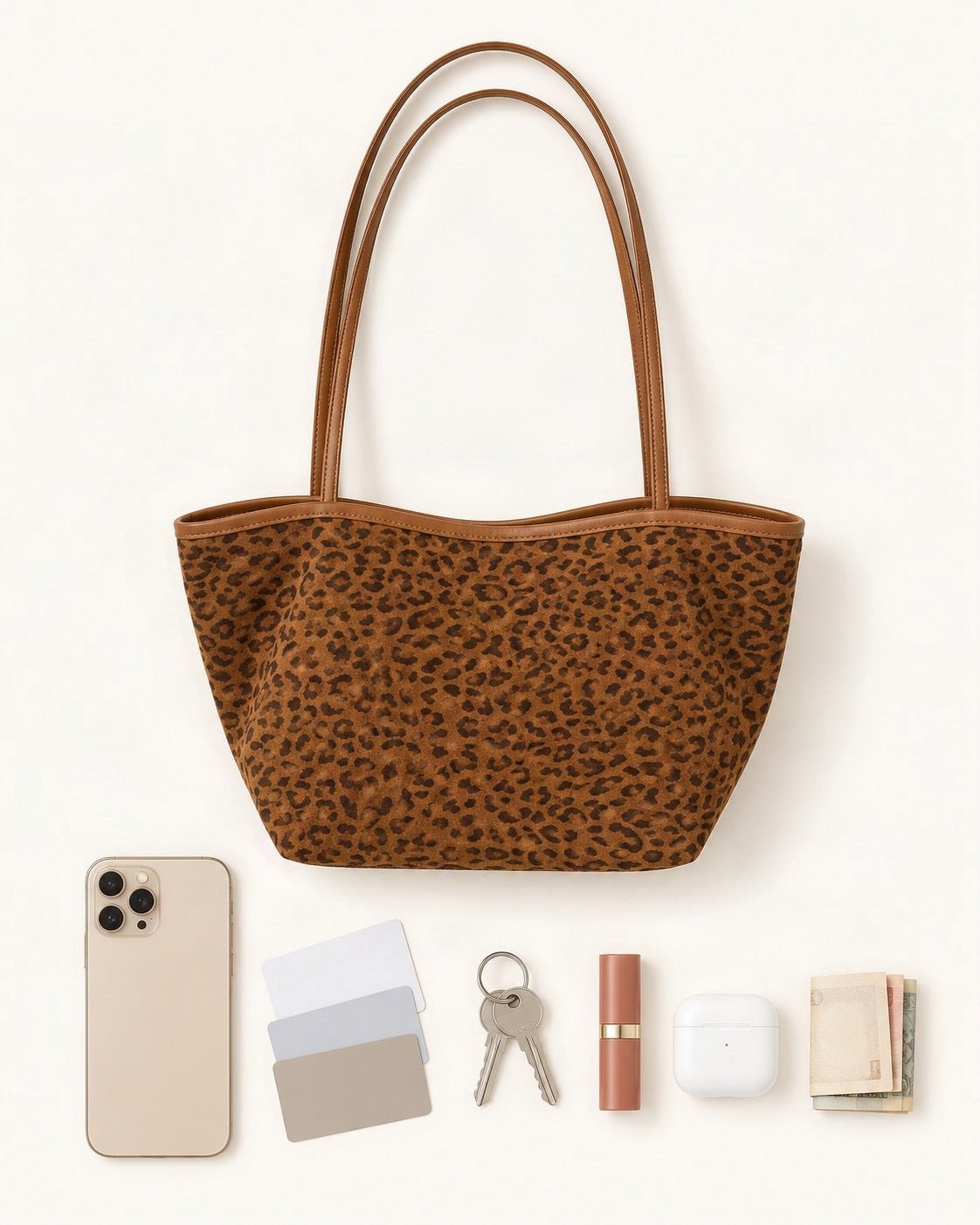 What fits in the Suede Bucket Tote Bag: a 6.9-inch phone (iPhone 16 Pro Max), cards, keys, a lipstick, AirPods in their case, folded notes