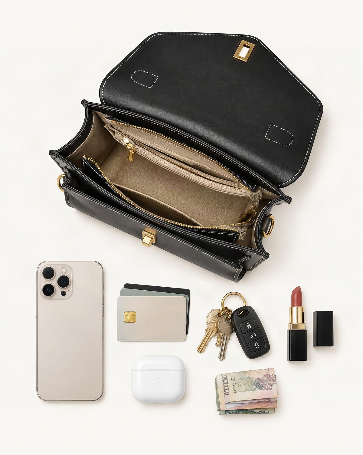What fits in the Cowhide Leather Small Messenger Crossbody Bag: smartphone up to 6.9 in, cards, keys, a lipstick, airpods in their case, a few banknotes folded over into a small stack, no complete flat bill face showing