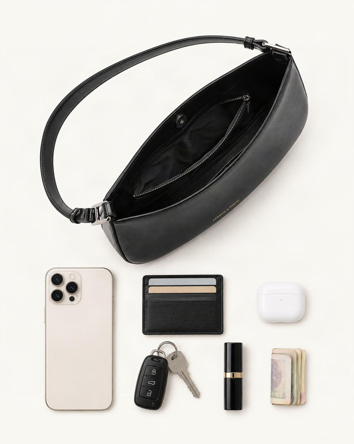 What fits in the Cowhide Leather Underarm Shoulder Bag: smartphone up to 6.9 in, cards, keys, a lipstick, airpods in their case, a few banknotes folded over into a small stack, no complete flat bill face showing