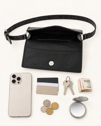 What fits in the Split Cowhide Croc-Embossed Belt Bag: smartphone up to 6.9 in, cards, keys, a few banknotes folded over into a small stack, no complete flat bill face showing, coins, a compact mirror