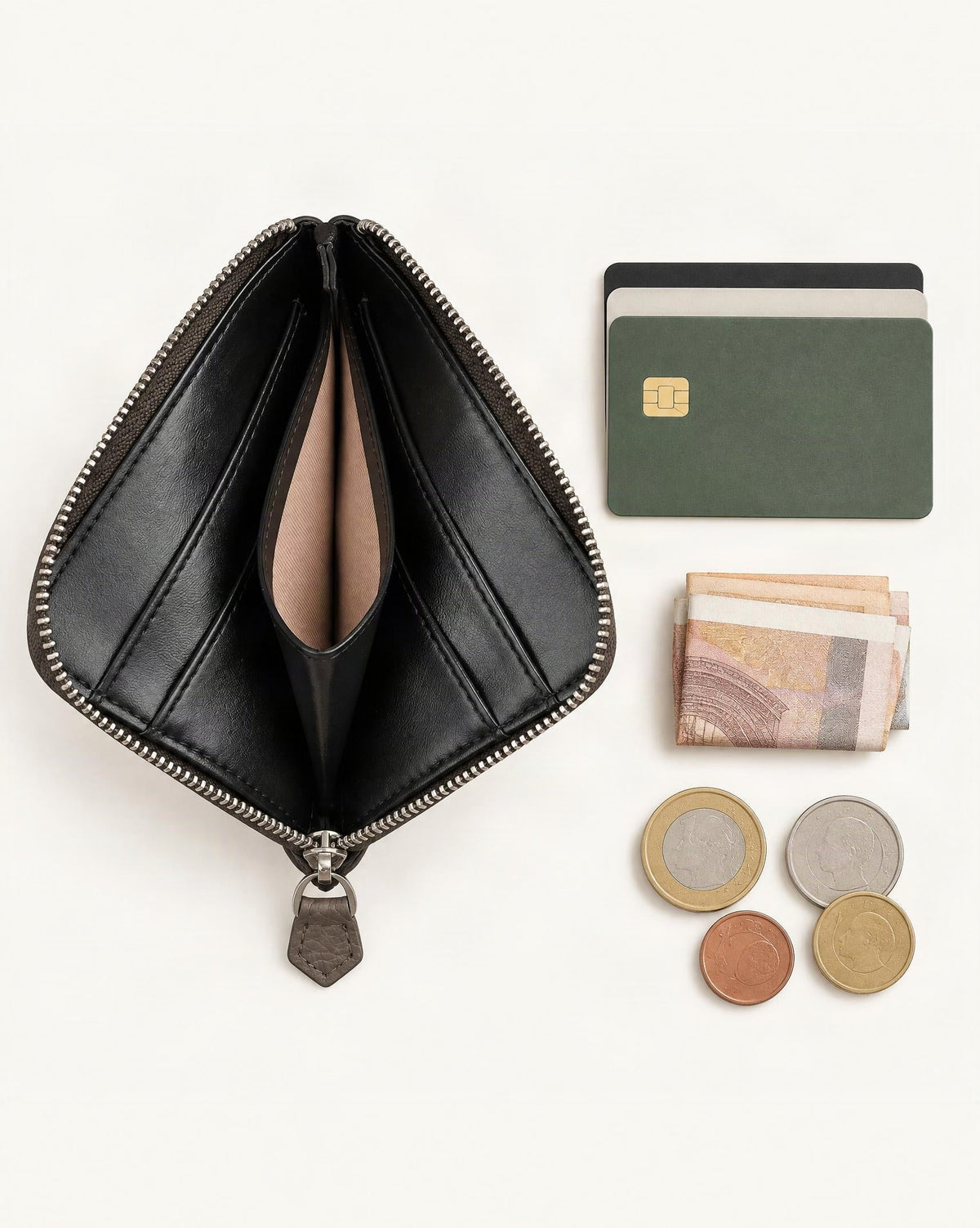What fits in the Cowhide Leather Short RFID-Blocking Wallet: cards, a few banknotes folded over into a small stack, no complete flat bill face showing, coins