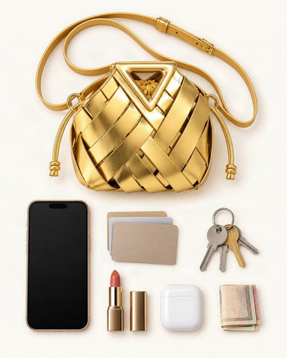 What fits in the Leather Small Woven Bucket Bag: a 6.9-inch phone (iPhone 16 Pro Max), cards, keys, a lipstick, AirPods in their case, folded notes