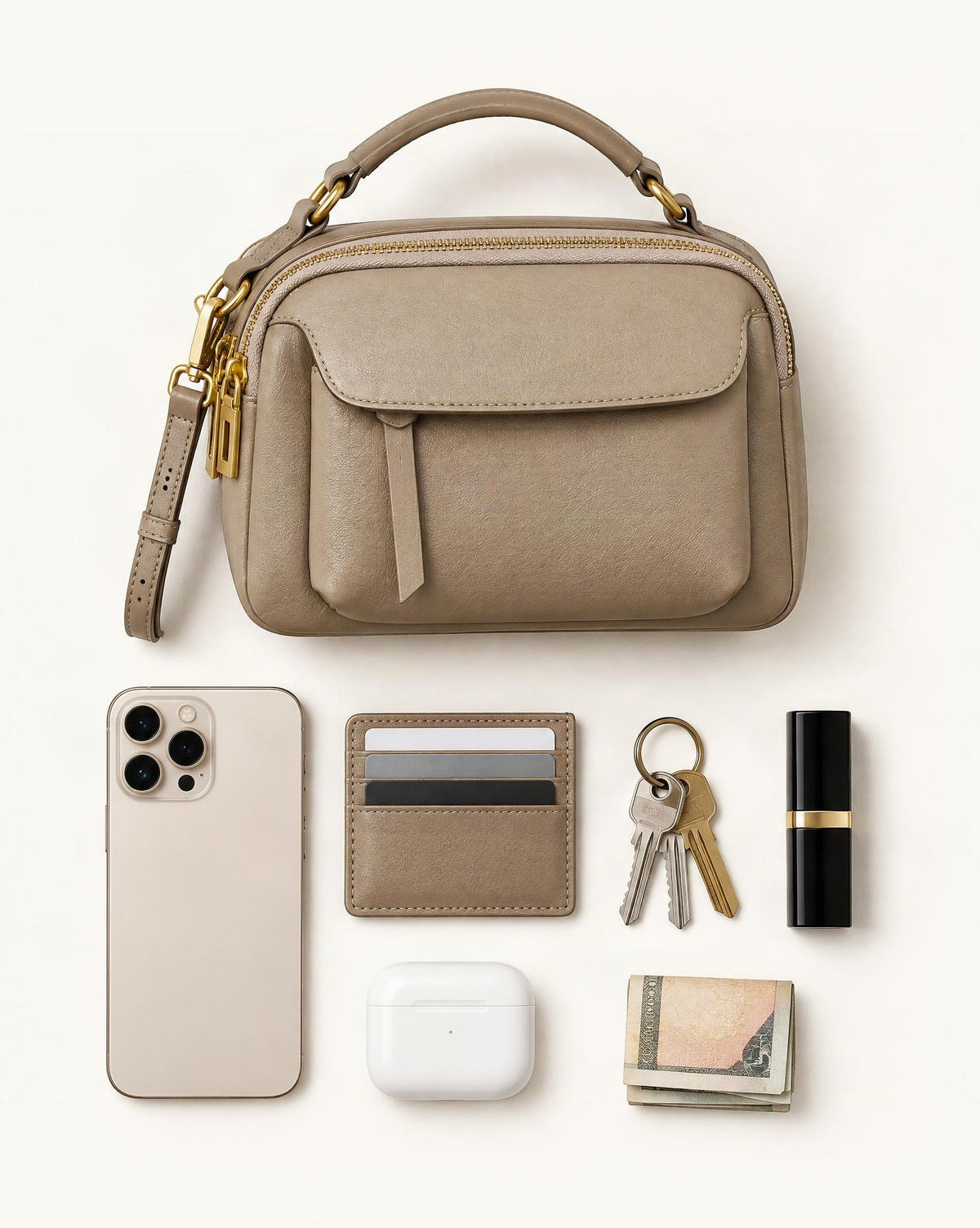 What fits in the Top-Grain Cowhide Boston Crossbody Bag: smartphone up to 6.9 in, cards, keys, a lipstick, airpods in their case, a few banknotes folded over into a small stack, no complete flat bill face showing
