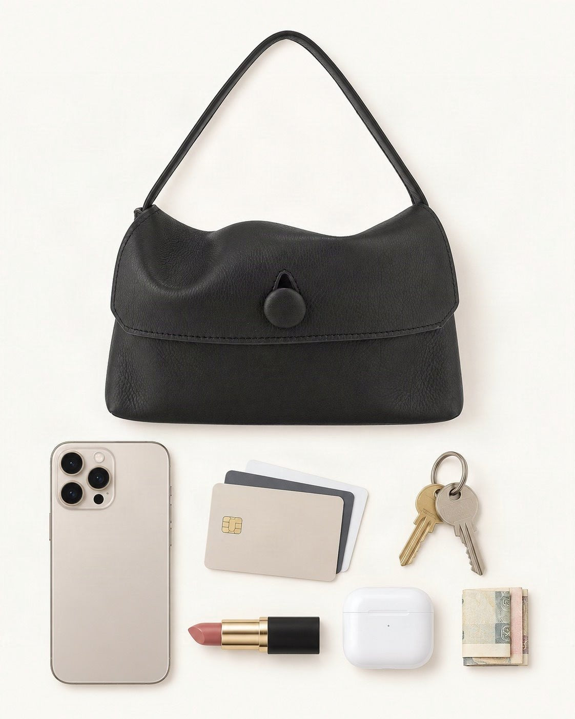What fits in the Lambskin Mini Shoulder Bag with Button Flap: a 6.9-inch phone (iPhone 16 Pro Max), cards, keys, a lipstick, AirPods in their case, folded notes
